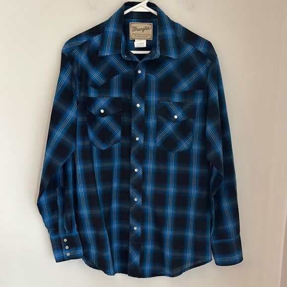 Wrangler Men Black Blue Pearl snap western Checkered button down Shirt medium - Picture 1 of 9